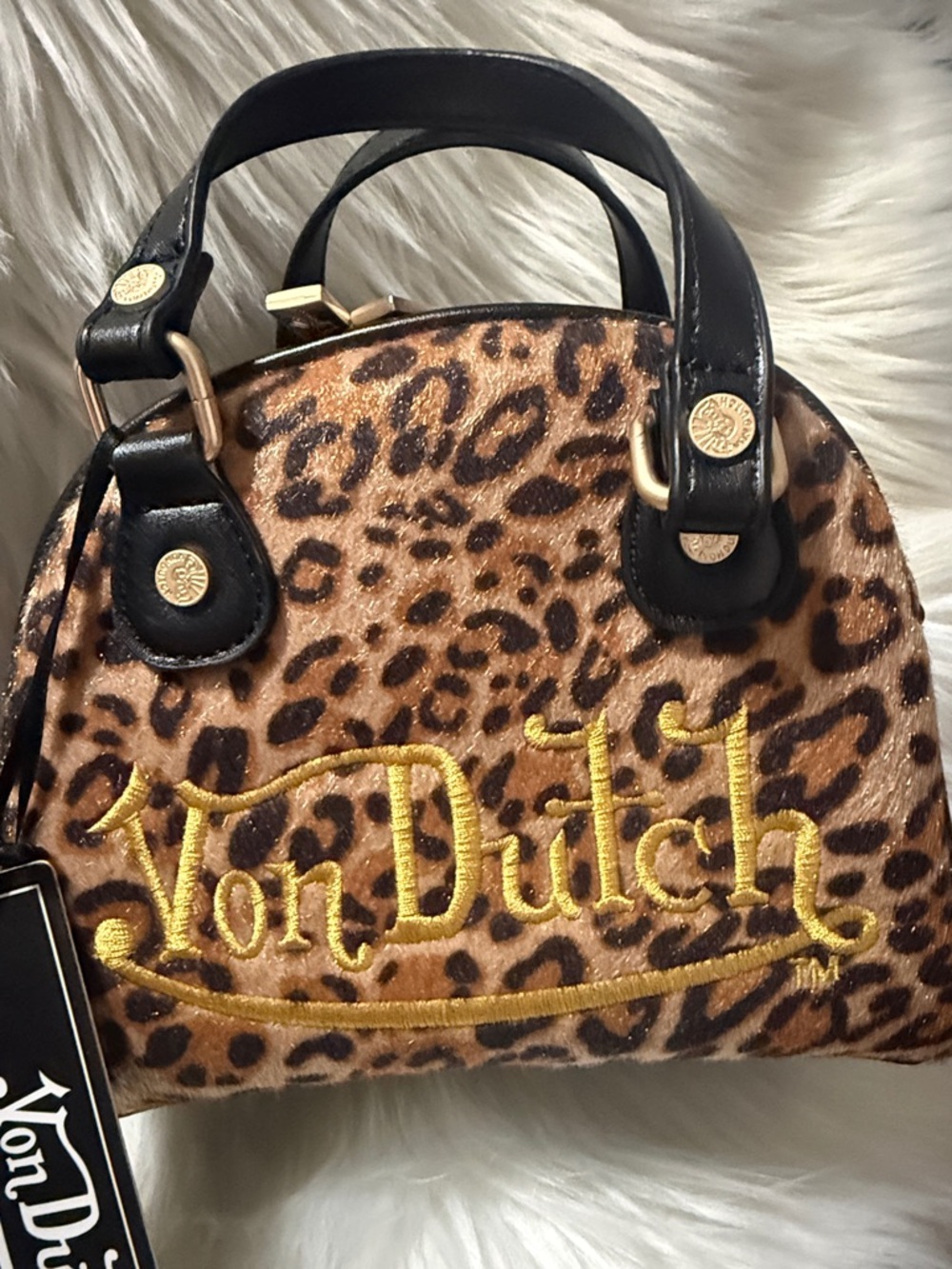 Von Dutch Leopard Mini Satchel in Brown and Black with Gold Logo
